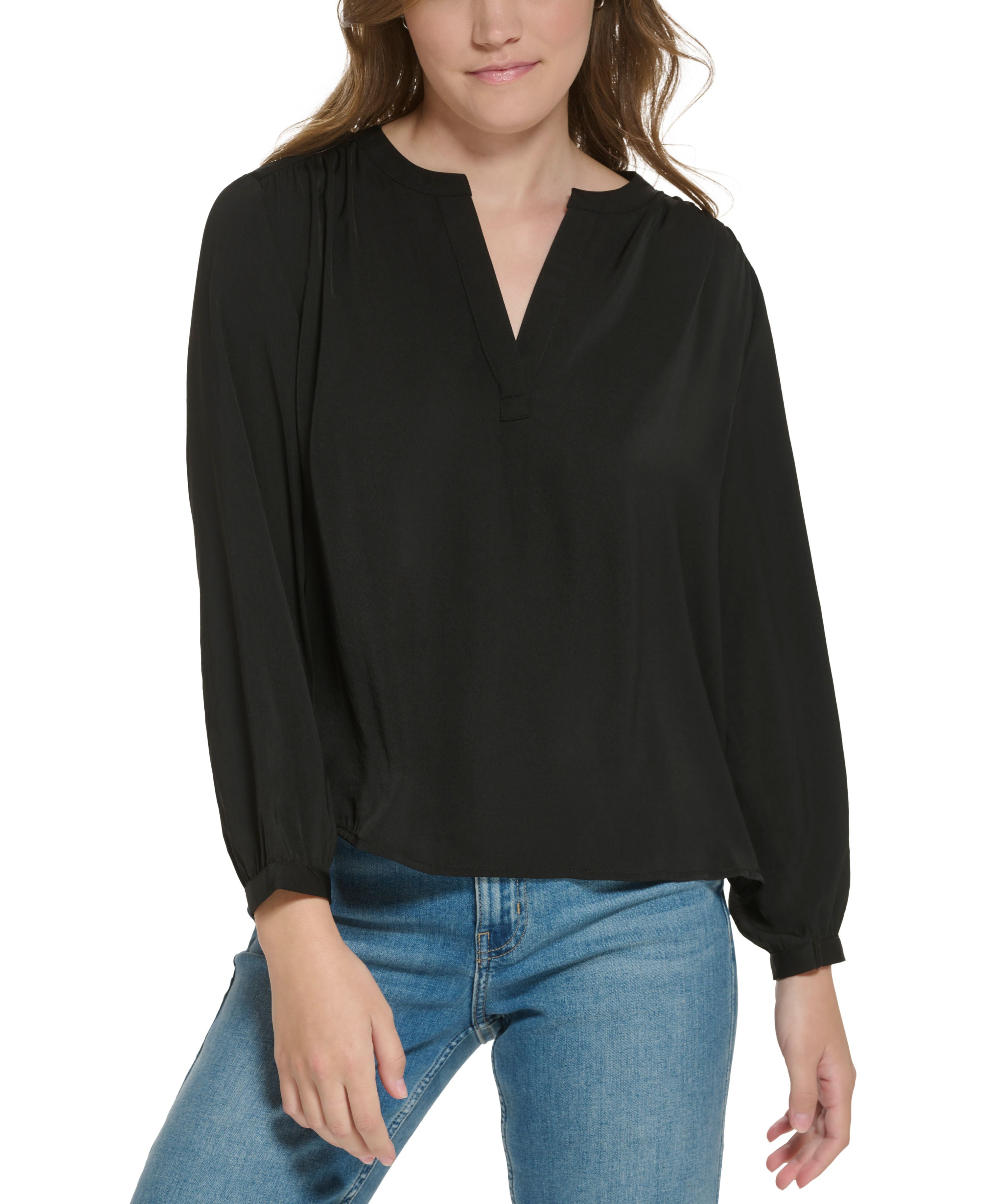 Petite Long-Sleeve Henley Top Black PXS
